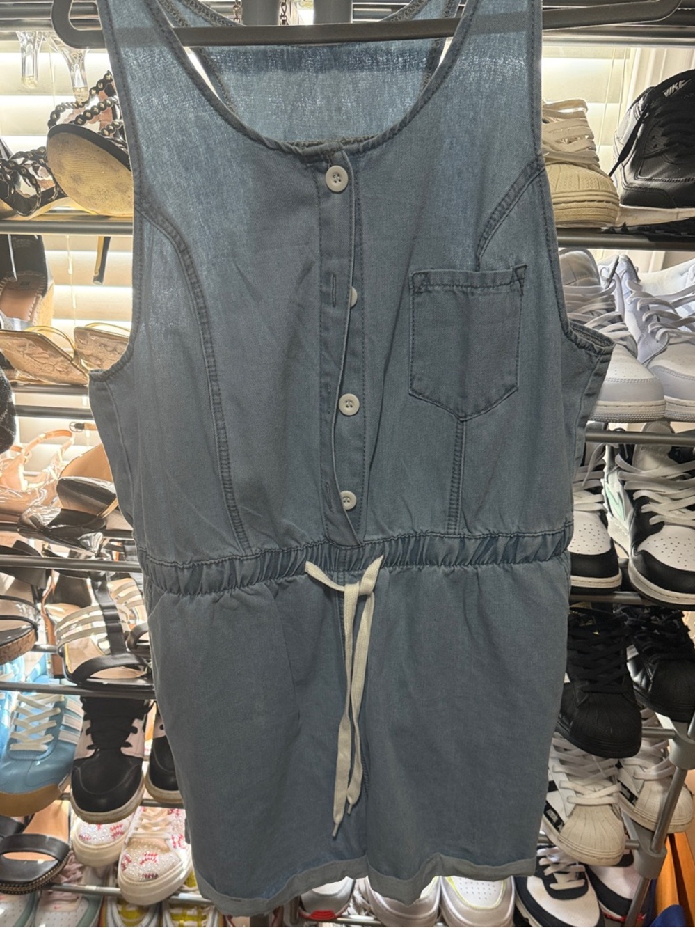Denim-Look Blue Women’s Romper One-Piece with Drawstring